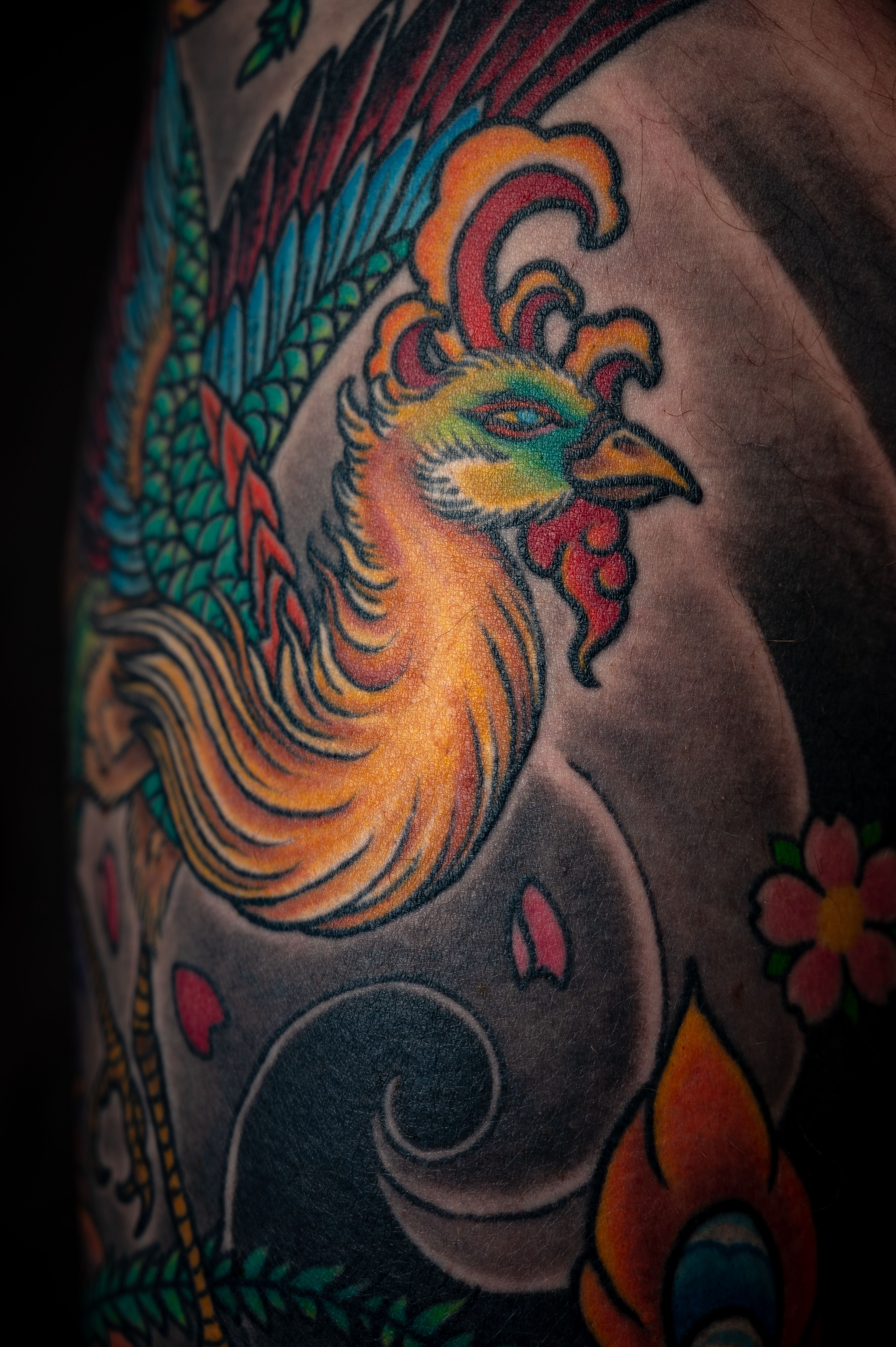 Detalhe de cabeça de Hō-ō japonês com penas coloridas em vermelho e dourado